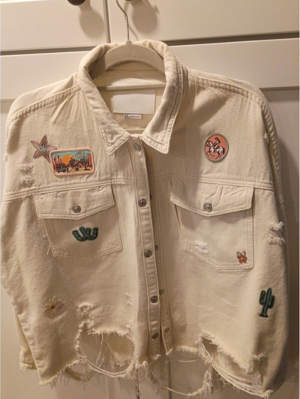 BBJ Los Angeles Distressed Cream Denim Jacket with Embroidered Patches, Size XL